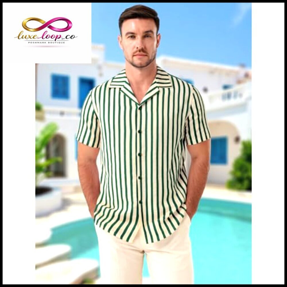 Classic Striped Seersucker Cuban Collar Shirt Short Sleeve Button Down - Picture 2 of 7
